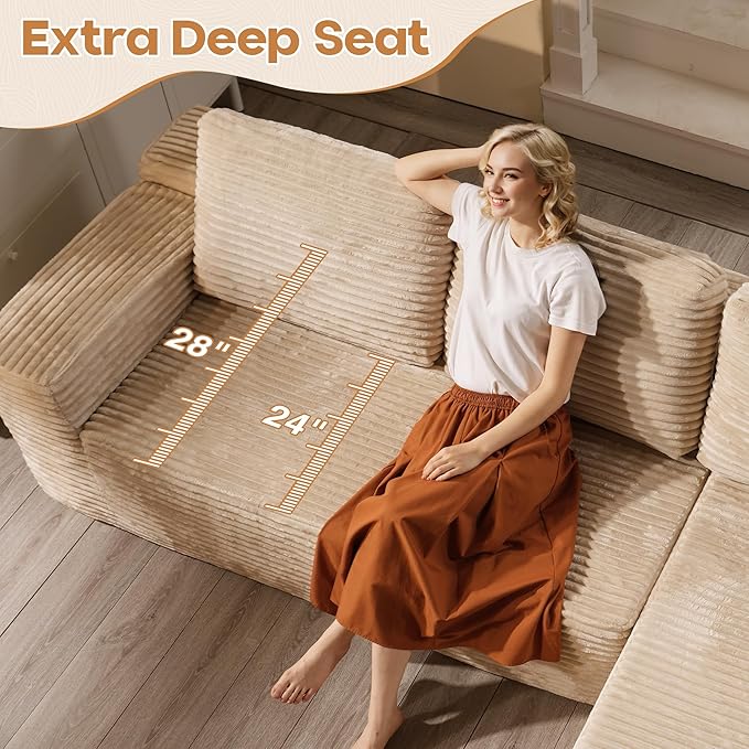 Cloud Sectional Couches for Living Room,U Shaped Modular Sofas No Assembly,135x107 Inches Plush Corduroy Oversized Floor Couch Set with Deep Seat Chaise,Beige