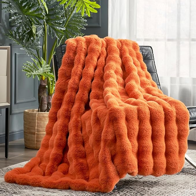 Cozy Bliss Faux Fur Throw Blanket for Couch, Fuzzy Soft Plush Thick Bubble Blanket for Sofa Bedroom Living Room, 50 * 60 Inches Burnt Orange