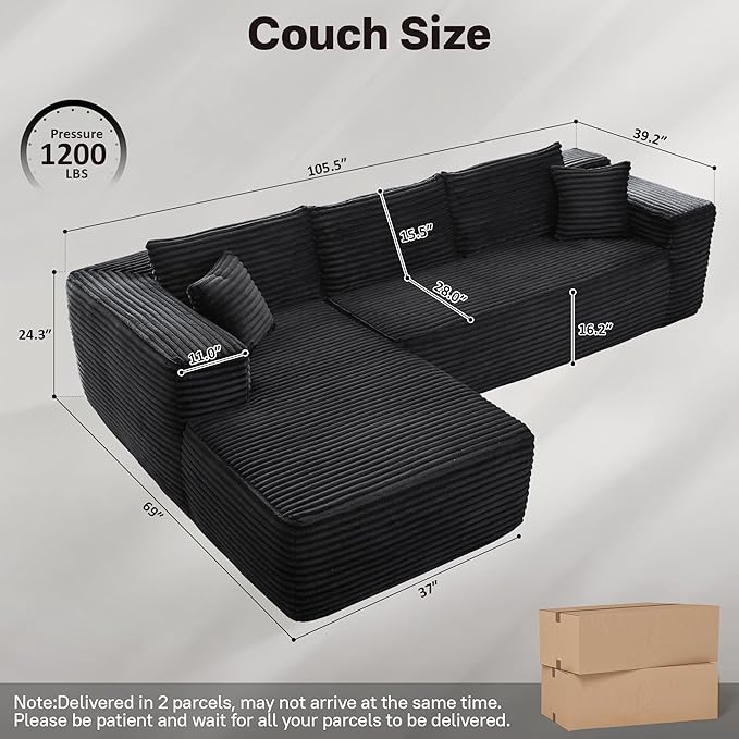 104" Cloudy Sectional L Shaped Couch for Living Room, No Assembly Required, Modular Comfy Sofa with Deep Seat, Fluffy Couch with Sleeper Chaise for Apartment Lounge (Black)
