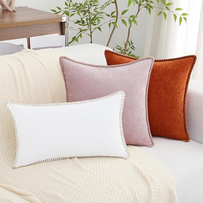 decorUhome Chenille Soft Throw Pillow Covers 20x20 Set of 2, Farmhouse Velvet Neutral Decorative Euro Pillow Covers with Stitched Edge for Couch Sofa Bed Home Decor, White