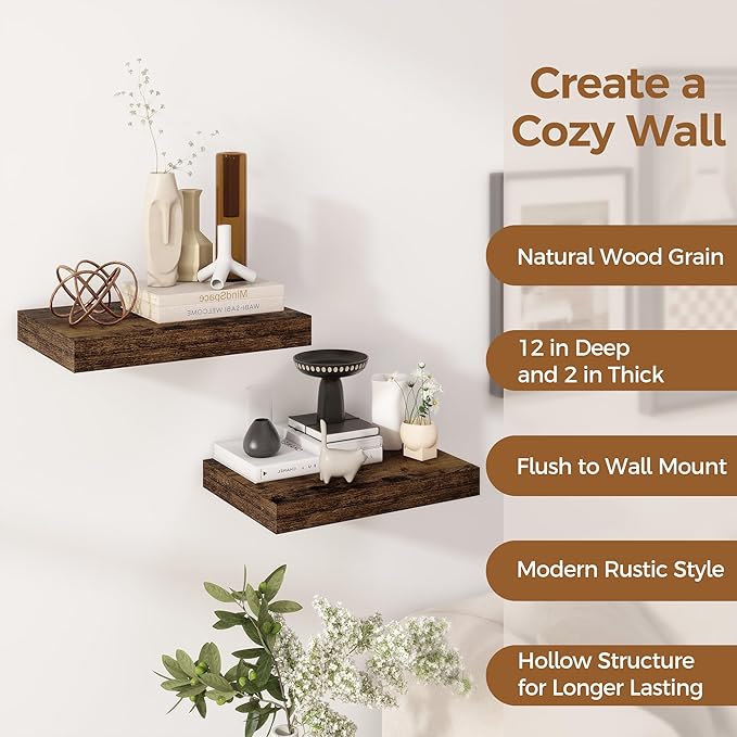 12 Inch Deep Floating Shelves, 16 x 12 Floating Shelf for Books, Rustic Wood Deep Wall Shelves for Home Storage & Display, 2" Thicked Shelves for Kitchen, Living Room, Bedroom, Rustic Brown, 2 Pack