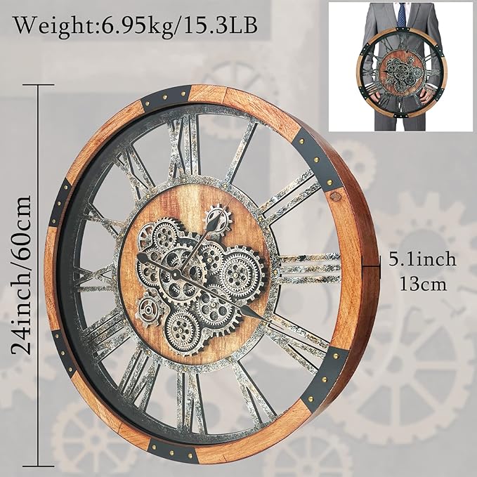 24 Inch Moving Gear Wall Clock, Oversized Wall Clocks, Clock Living Room Decor, Solid Wood Frame, Battery Operated, Large Wall Clock with Steampunk Industrial for Fireplace(Brown)