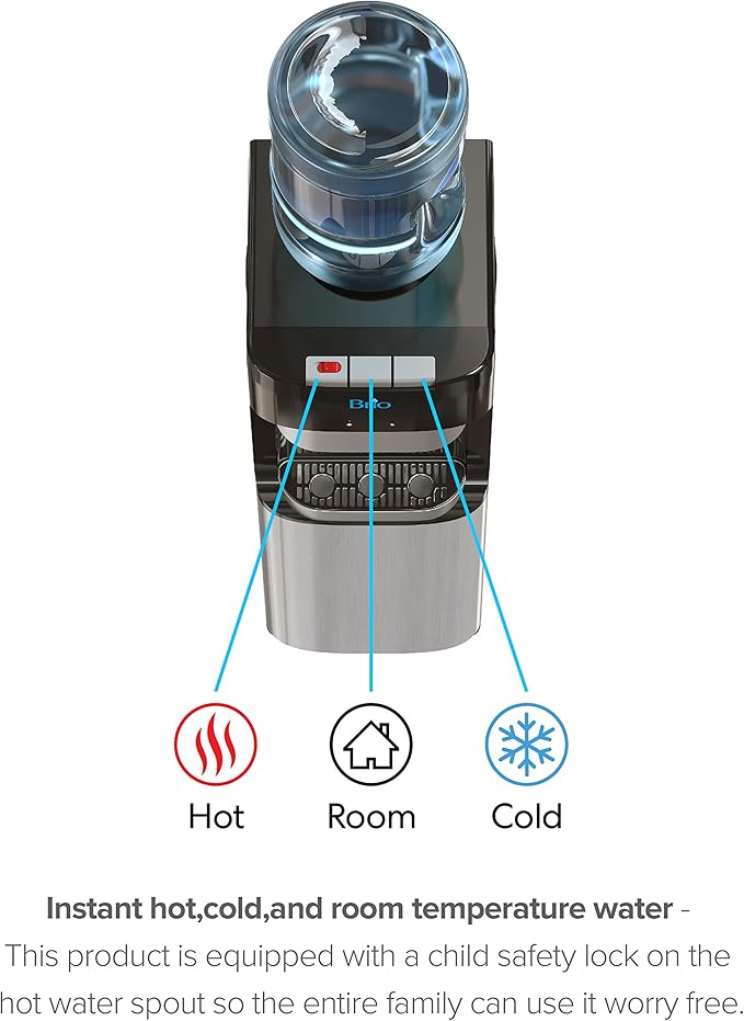 Brio Essential Series Top Loading Water Cooler Dispenser - Tri Temp Dispense, Child Safety Lock, Holds 3 or 5 Gallon Bottles - UL/Energy Star Approved