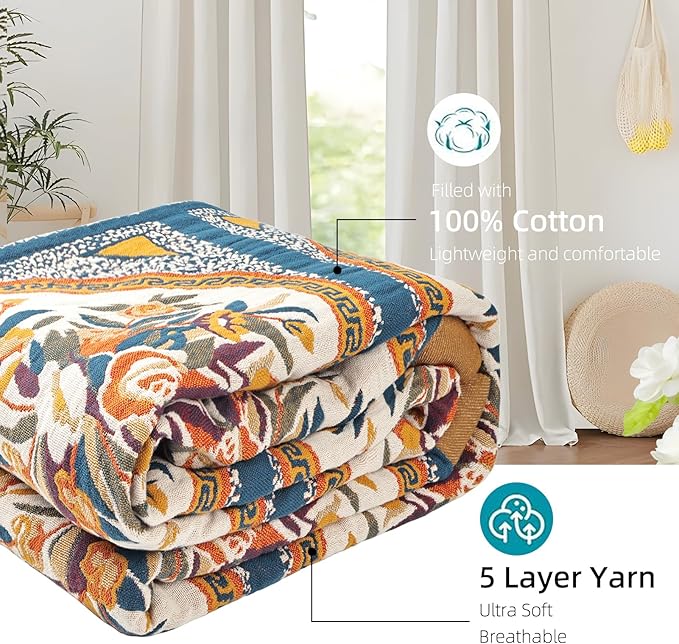 Boho Throw Blanket for Bed - 100% Pure Cotton Ultra Soft Rustic Quilt - Farmhouse Decor Bed Blankets, All Season Rustic Throw for Sofa Couch Chair(60"×80", Floral)