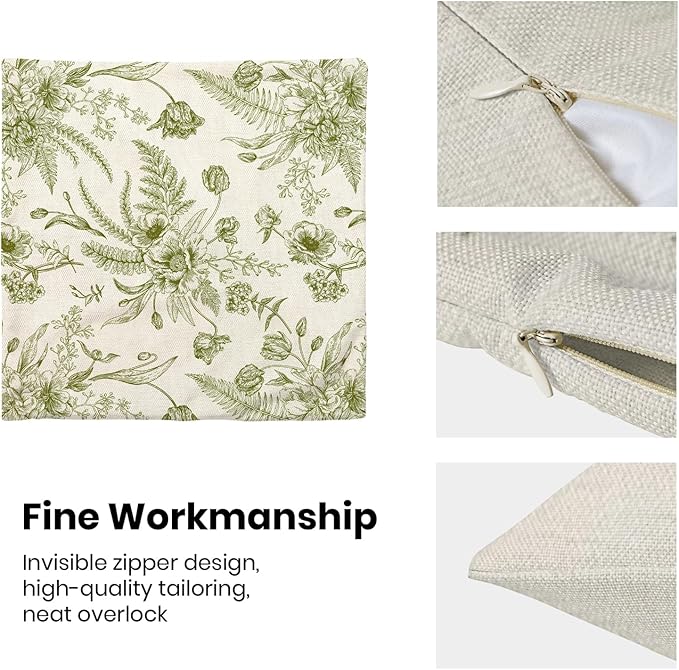 CXMEIFLY Sage Green Spring Pillow Covers 22 x 22 Inch Set of 2 for Chinoiserie Flowers Decor Throw Pillows Floral Leaves Seasonal Plant Outdoor Decorative Cushion Cases for Couch Bed Decorations