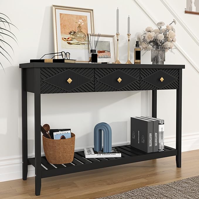 47" Console Table with 3 Drawers, Fluted Narrow Long Entryway Table with Storage Shelf, Accent Table for Entryway, Living Room, Behind Couch, Foyer, Hallway, Office
