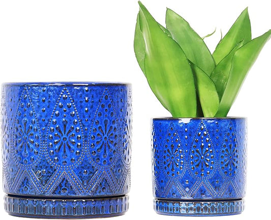 8 Inch + 6 Inch Indoor Plant Pot with Drainage Holes and Saucers, Ceramic Planter for Plants Succulent Orchid Flower Pots