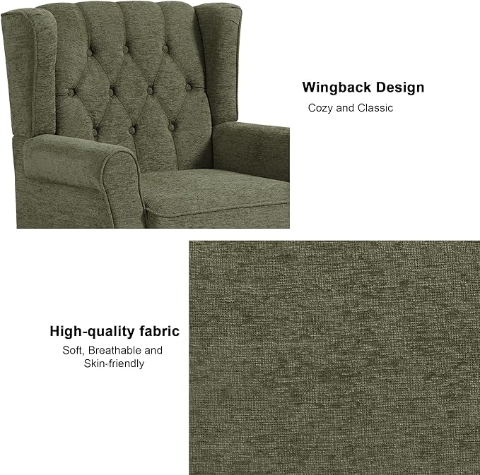 Accent Chair, Upholstered Armchair with Button Tufted High Back & Solid Wood Legs, Comfy Wingback Reading Single Sofa Chair for Small Spaces, Living Room, Bedroom (Green, Set of 2)