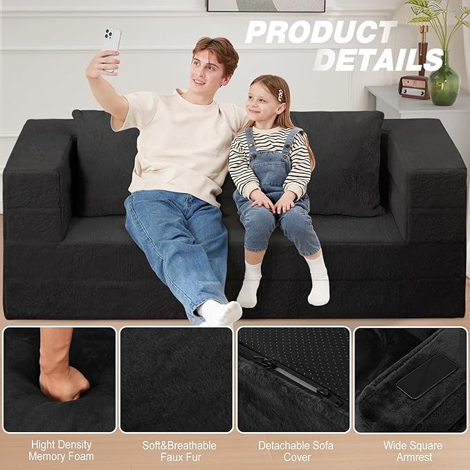 Folding Bean Bag Chair for Adults,3-in-1 Bean Bag Couch Faux Fur Floor Sofa Large Beanbag Convertible Bean Bag Sofa Bed with Pillow in Bedroom,Living Room,Apartment(Queen,Black)