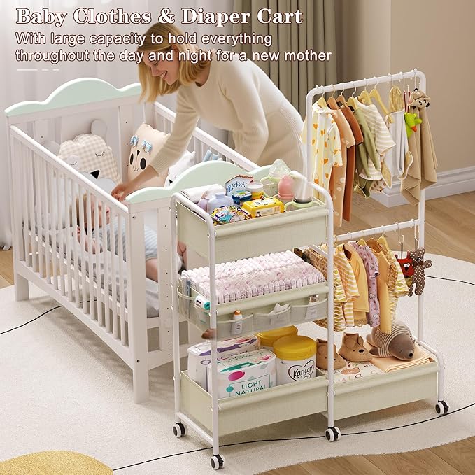 2in1 Baby Diaper Caddy & Clothes Organizer and Storage Rolling Cart, Large Capacity Nursery Organization For Baby Dresser,Changing Table, Crib, With 2 Dividers & 7 Pockets,White