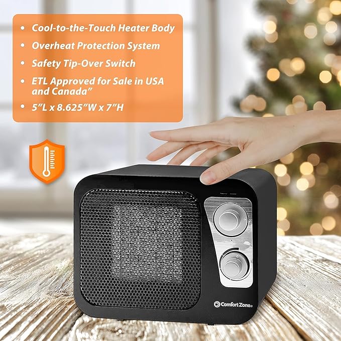 Comfort Zone Space Heaters for Indoor Use, Portable Heater, Fast Heating, Electric Heater, Thermostat, Retro Design, Bedroom Heater with Overheat Protection, Safety Tip-Over Switch 1,500W, Black