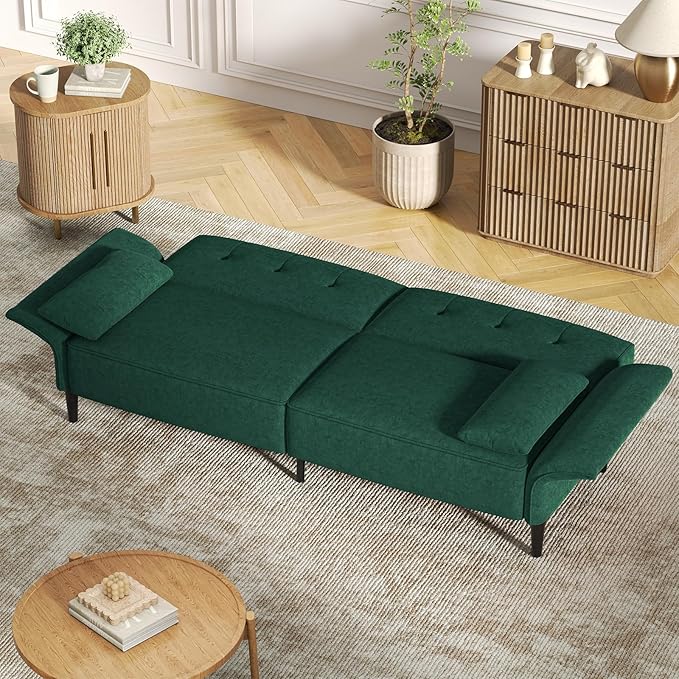 89” Futon Sofa Bed, Velvet Fabric Comfy Futon Couch Bed with 2 Square Pillows, Convertible Sleeper Sofa with Adjustable Backrest& Armrests, Modern Loveseat Sleeper for Living Room, Bedroom