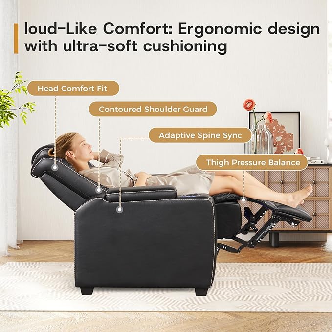 ANJ Power Recliner Home Theater Seating, Electric Recliner Chair with Adjustable Headrest,PU Leather Dual Motor Movie Reclining Chairs with Cup Holders LED Lights,USB Port,Hidden Arm Storage (Black)