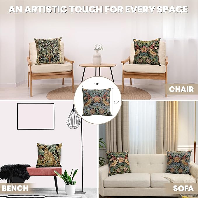 Charlotte Home Furnishings Throw Pillow Covers, Decorative Boho Pillow Covers for Couch, Living Room, Blue Strawberry Square Cushion Cases 18x18 in, European Cotton Jacquard Woven, Cozy Bedroom Decor