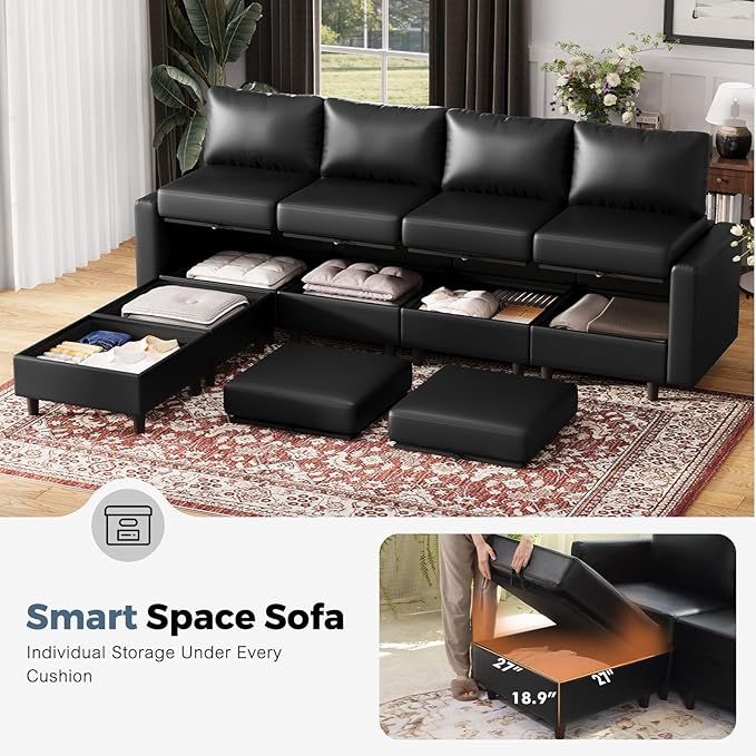 ABCASA 118.5" Faux Leather Modular Sectional Sofa, 7 Seater U Shaped Couch with Storage Seat with Reversible Chaise Deep Seat for Living Room Black