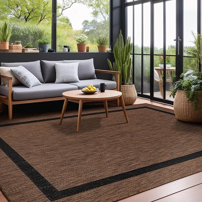 Bordered Outdoor Rug 9x12 Washable Outside Carpet for Indoor Patio Porch Waterproof Easy Cleaning Non Shedding Area Rugs Nut Brown - Black 9 x 12