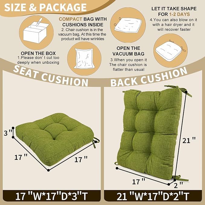 BUYUE Chair Cushion Set for Rocking Chair, Back Pillow & Seat Cushion with Ties, Original Woven Fabric Non-Slip Chair Pads for Elderly Sitting, Grass Green