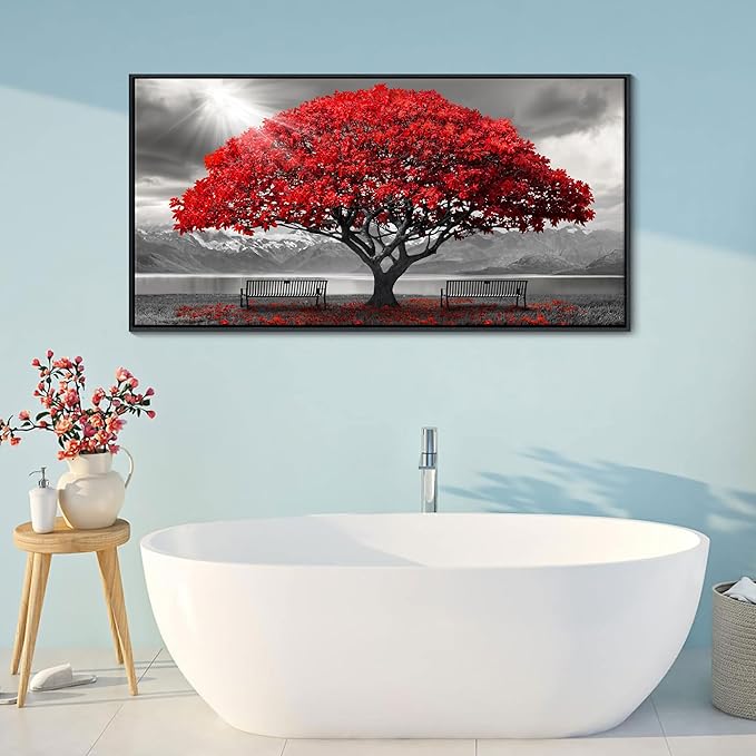 AJAZIKO Red Wall Art - Modern Framed Wall Art for Living Room - Red Tree Black and White Landscape Canvas Prints Posters & Prints for Home Office Bedroom Decorations - Large Wall Pictures 29×58IN