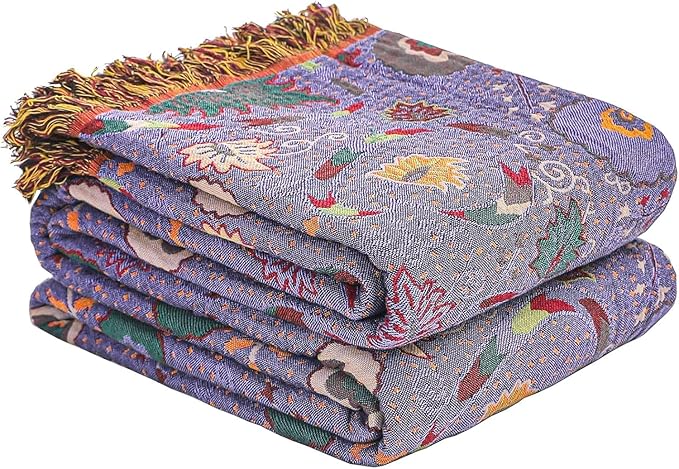 Boho Fall Throw Blanket for Bed Purple Flowers，100% Ultra Cotton Soft Breathable Bed Throw Floral Printed Farmhouse Decor Rustic Bed Throws for Couch Sofa Quilt 90" x 98"