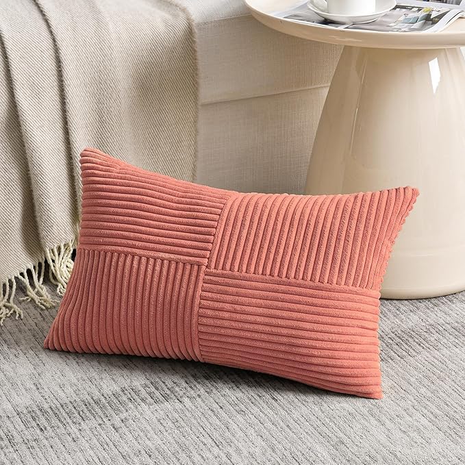 Fancy Homi 2 Packs Coral Lumbar Decorative Throw Pillow Covers 14x24 Inch for Living Room Couch, Rustic Farmhouse Boho Home Decor, Soft Striped Corduroy Rectangle Accent Peach Cushion Case 35x60 cm