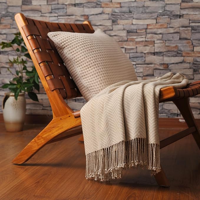 CUDDLE DREAMS Silk Throw Blanket with Hand-Knotted Fringe, Natural, Soft & Breathable (Herringbone-Taupe)