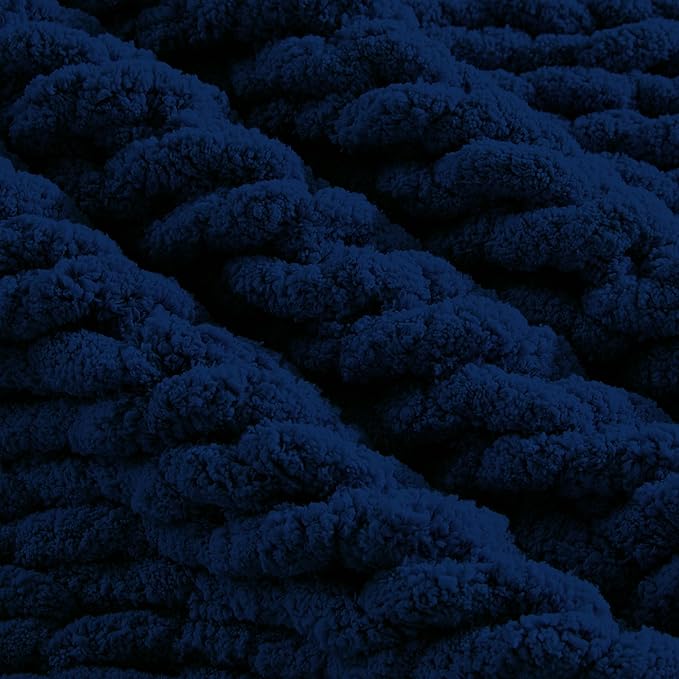 Carriediosa Chunky Knit Throw Blanket 60" X 80" Twin, 100% Hand Made Large Chenille Loop Yarn Soft Fluffy Throws for Couch Sofa Bed, Big Crochet Cozy Heavy Thick Cable Woven Blankets, Navy Blue