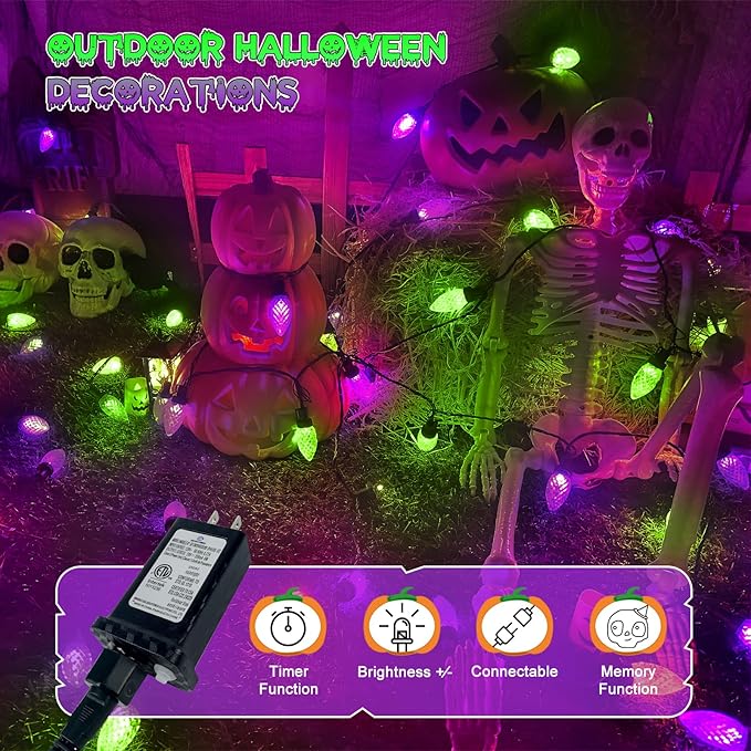 Extendable Purple and Green 2PK 100 LED C9 Halloween Lights Indoor Outdoor Waterproof, 98FT Super Bright C9 String Lights 13 Modes with Timer for Tree Patio Party Garden Halloween Decorations