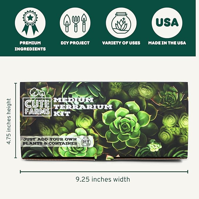 Cute Farms Terrarium Starter Kit | Moss, Vermiculite, Soil, Pebbles, Plant Food, & Finishing Tools (Medium Kit + Live Plants)