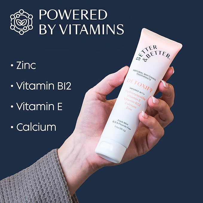 Better & Better Detoxify Hydroxyapatite Toothpaste | Whitening Toothpaste Infused w/Vitamins E & B12, Calcium & Zinc | Fluoride & SLS Free for Sensitive Brushers | Fresh Mint Flavor | 3.4oz, 3 Pack