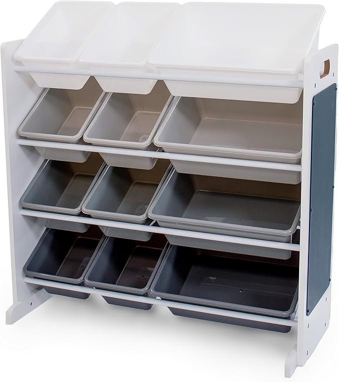 12-Bin Toy Organizer – White/Grey Gradient Ombre Frame with Chalkboard, Eraser & Chalk, Multi-Tier Storage for Kids' Playrooms and Nurseries
