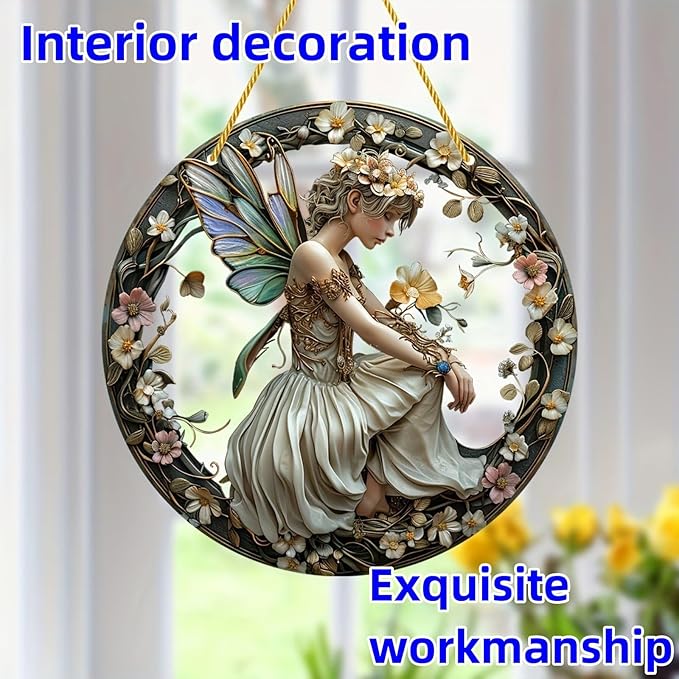 Flower Fairy Garden Decorations Angel Wing Christmas Halloween Deco Statue Art Elf Sculpture Hanging Craft for Outdoor Yard Courtyard Lawn Patio Window Acrylic Ornament Home Gift (C,S: 6*6 IN)