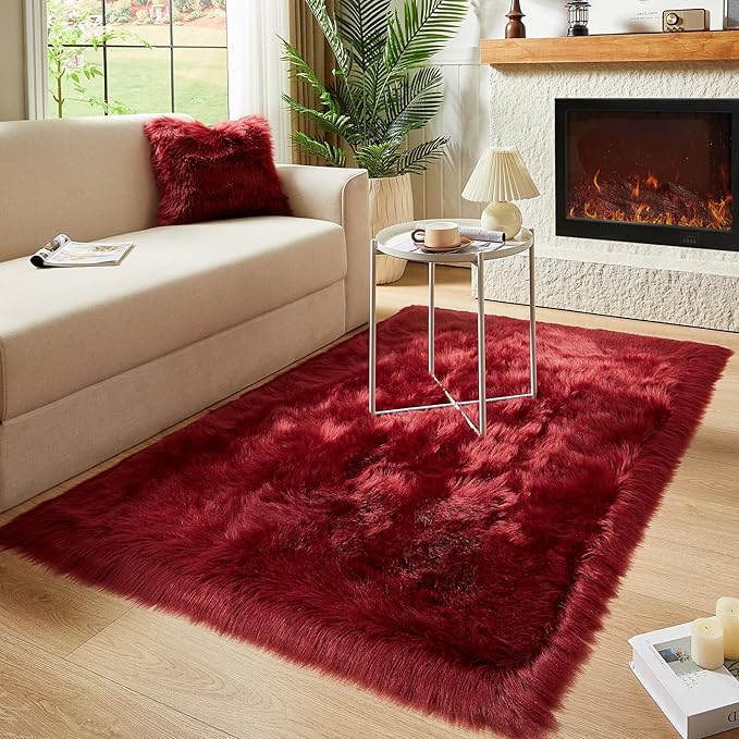 AMTOVO Faux Fur Sheepskin Rug for Living Room, 4 x 6 ft Burgundy Fluffy Area Rug for Bedroom, Playroom, Luxury Room Decor, Rectangle