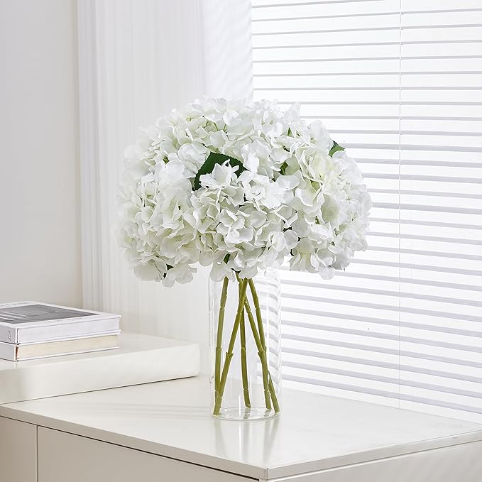8Pcs White Fake Flowers Silk Hydrangea Artificial Flowers Bouquets Faux Ivory Hydrangea Stems for Home Table Centerpieces Wedding Party Decoration