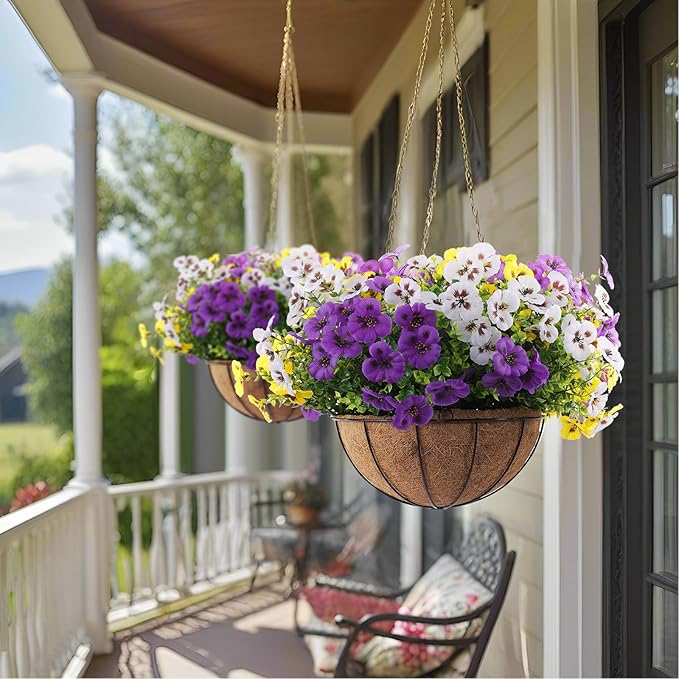 18 Bundles Artificial Fake Pansy Flowers for Outdoor, Faux UV Resistant Silk Pansies Flowers for Outside Planter Front Door Porch Yard Patio Window Box Home Decor (18, Purple, Yellow, White)