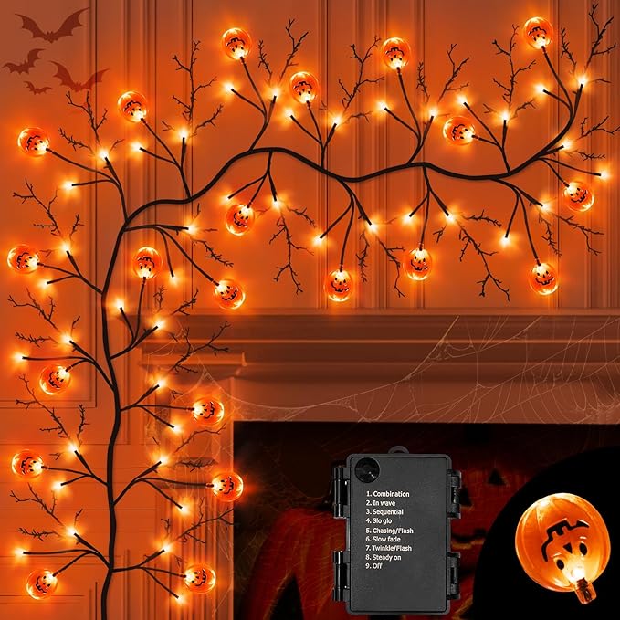 7 Ft 63 LED Halloween Decorations Willow Vine Twig Garland with 8 Modes Timer 21 Pumpkin Orange Lights, Halloween Garland with Waterproof Battery Operated for Indoor Wall Fireplace Decorations