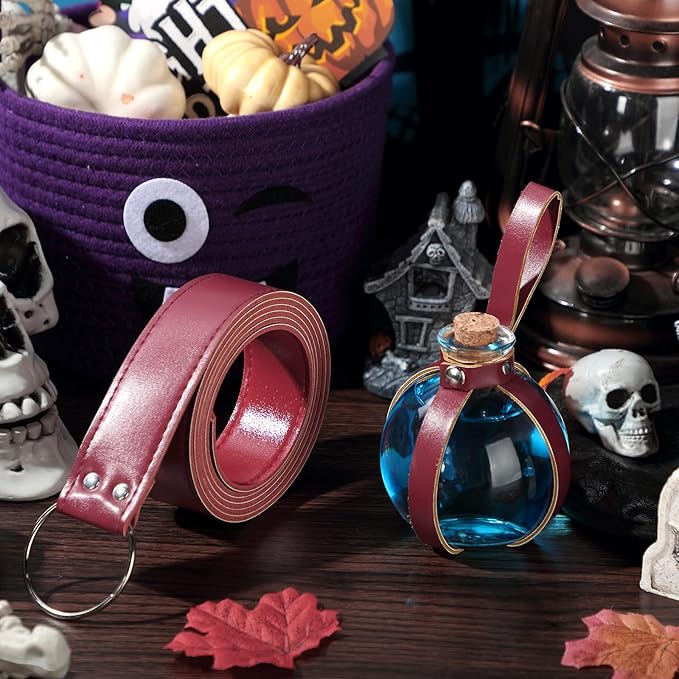 Boao Potion Bottles with Cork Set Dark Magic Cork Round Potion Bottle with Leather Belt Clear Glass Large for Halloween Costume Props DIY Crafts Decorative, 200 ml(Claret)