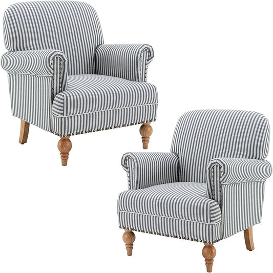 chairus Linen Accent Chair for Living Room Set of 2 Upholstered Mid Century Modern Single Sofa Chair with Solid Wood Legs Comfy Reading Armchair for Bedroom/Office Room/Recption/Lounge, Blue Stripe