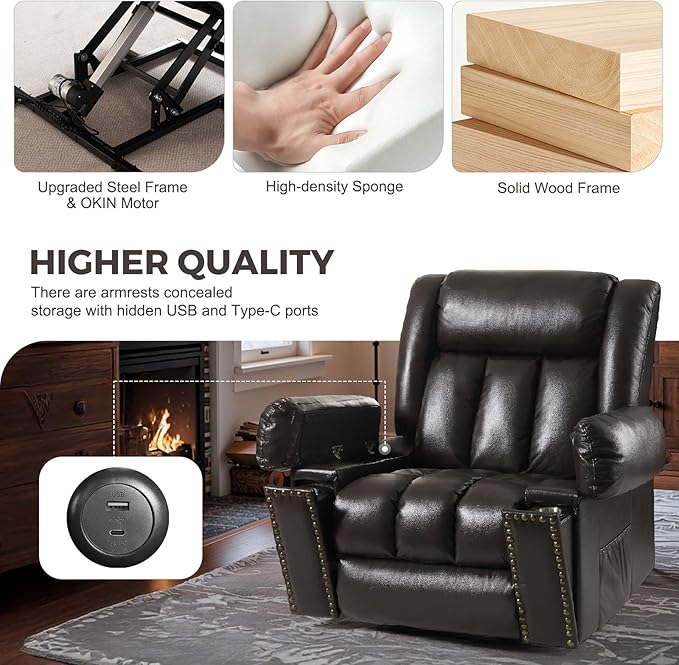 Electric Power Lift Recliner Chair for Elderly with Heat & Massage, Large Breathable Leather Reclining Chairs w/2 Concealed Cup Holders for Seniors Home Living Room,Bedroom,1PC,Brown