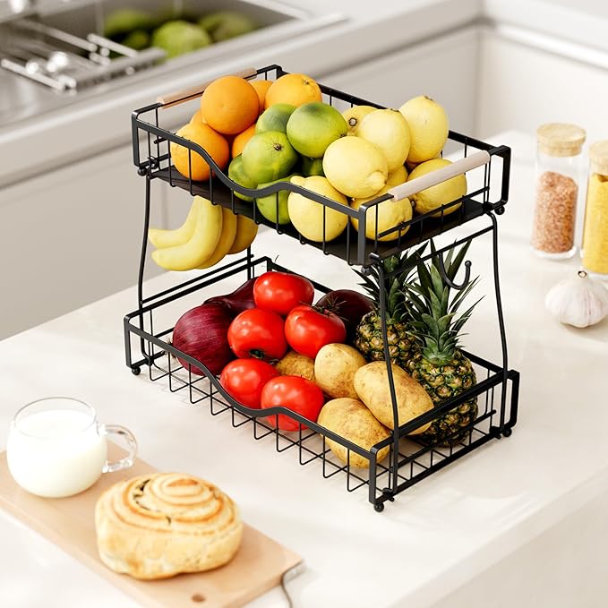 2 Tier Fruit Basket with 2 Banana Hangers, Fruit Bowl for Kitchen Countertop with 2 Wooden Handle, Detachable Metal Fruit Holder for Vegetable Bread with 2 Protective Pads, Black