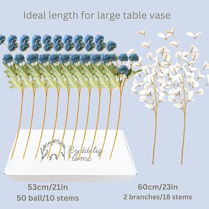 Faux Dusty Blue Flowers, Blue and White Floral Stems for Centerpieces, Fake Mums Artificial Flowers, Flores Azules Artificiales para Decoracion, Long Stems for Vases, DIY Silk Floral Arrangements