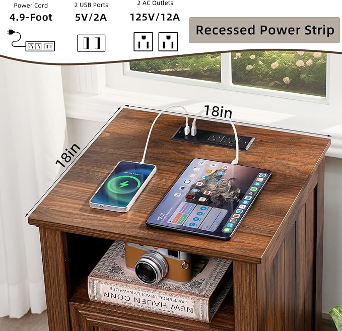 18" Farmhouse Night Stand with Charging Station, 2 Drawers End Table Dresser for Bedroom, Brown Wooden Nightstand, Bed Side Table with Open Shelf, Bedside Cabinet for Living Room, Closet