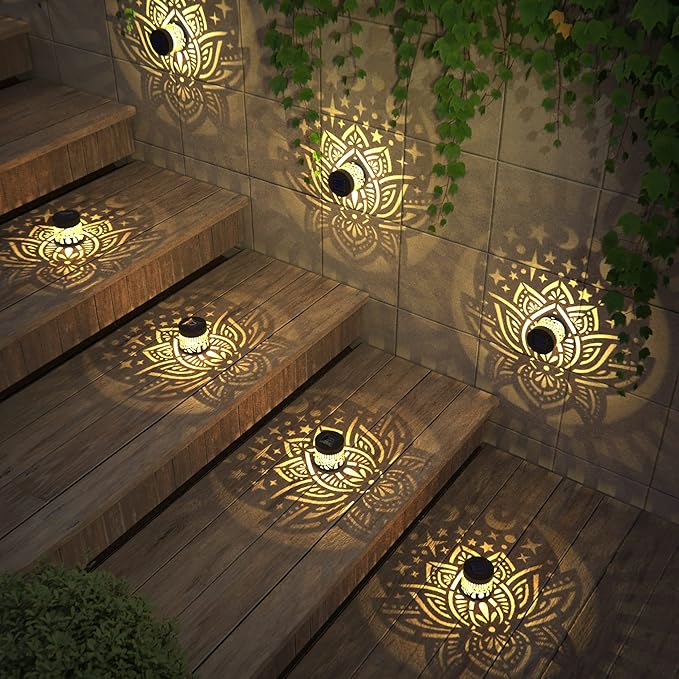 4 Pack Solar Fence Lights Metal Solar Powered Outdoor Wall Deck Lights Lotus Theme Waterproof Fence Light for Garden Post Patio Backyard Yard Decor (Lotus, 4 Pack)