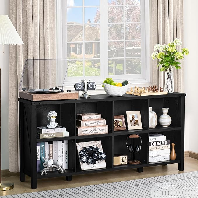 8 Cube Book Shelf, Farmhouse Wood Long Storage Organizer Bookcase, 62" Horizontal Black Console Closet Bookshelf, Hallway TV Stand for Entryway, Display Cabinet Book Case for Living Room
