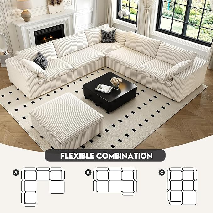 118" Cloud Couch Oversized Modular Sectional Sofa for Living Room,Modern Sofa with Deep Seat，6 Seater Boneless Couch,Comfy Upholstered Corduroy Couches for Apartment, Studio, Office,Bedroom，White