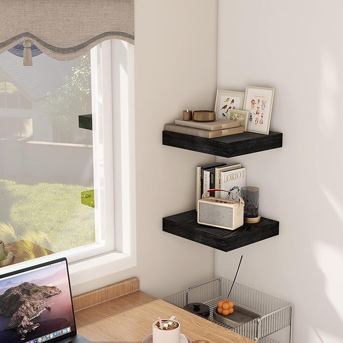 Fun Memories 12 Inch Floating Shelf, Rustic Wood Wall Shelves for Wall Decor & Storage, 12 x 12 Floating Shelf for Living Room, Bathroom, Bedroom, Black, Set of 2