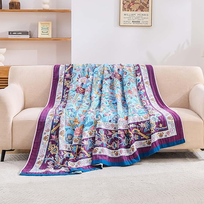 Fall Blanket for Bed, 100% Cotton Soft Rustic Boho Throw Blanket Quilt, 50"x60" Farmhouse Decor Bed Flower Blankets, Light Weight Reversible Bohemian Throw Quilt