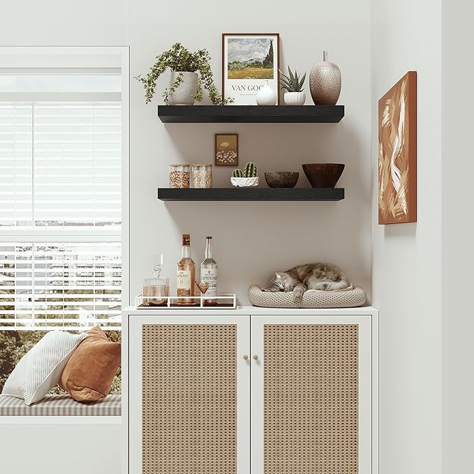 Black Floating Shelves for Wall Mounted, 24 inchs x 9.1” Deep x 1.5” Thick Wall Shelves for Bedroom, Living Room, Bathroom，Kitchen, Office, Home Decor Shelf with Invisible Bracket - Set of 2