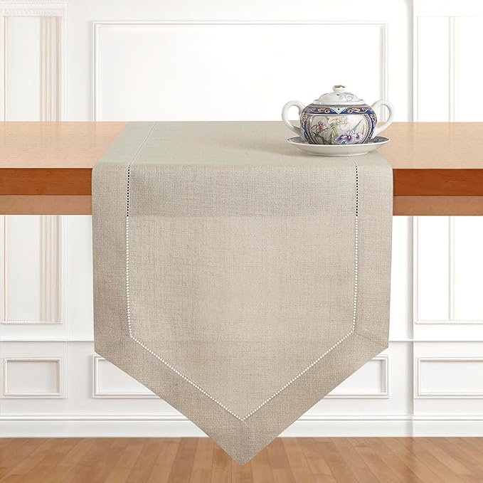 D'Moksha Homes Natural Linen Table Runner 108 Inches Long - 100% Pure Linen Diamond Table Runner 14 x 108 Inch for Dining, Fall and Halloween - Machine Washable