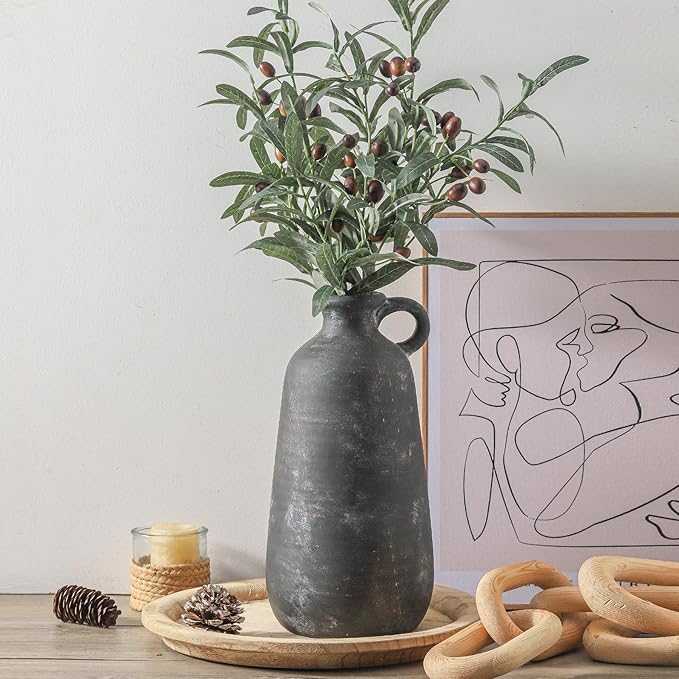 Ceramic Rustic Farmhouse Vase, 12.8" Large Rustic Black Pottery Vases Home Decor Decorative Boho Pampas Vase for Home Decor Table Living Room Decoration Shelf Mantel Enryway Kitchen