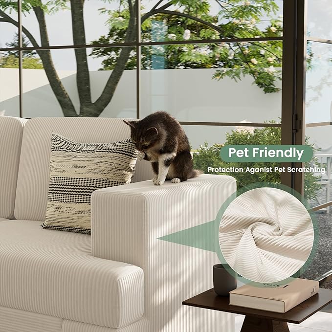 3 Pieces Corduroy Couch Set for Living Room, 3 Seater*2 & Loveseat Cloud Sofa, Deep Seat Floor Couch for Bedroom, Futon Modern Sofa Bed, White Corduroy